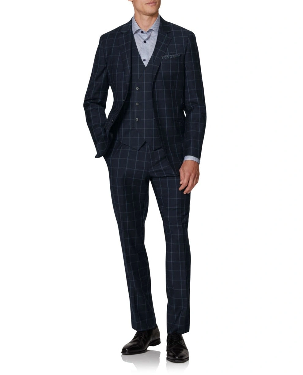 Navy Windowpane Waistcoat: Adelphi's Slim Statement. Effortlessly Stylish.